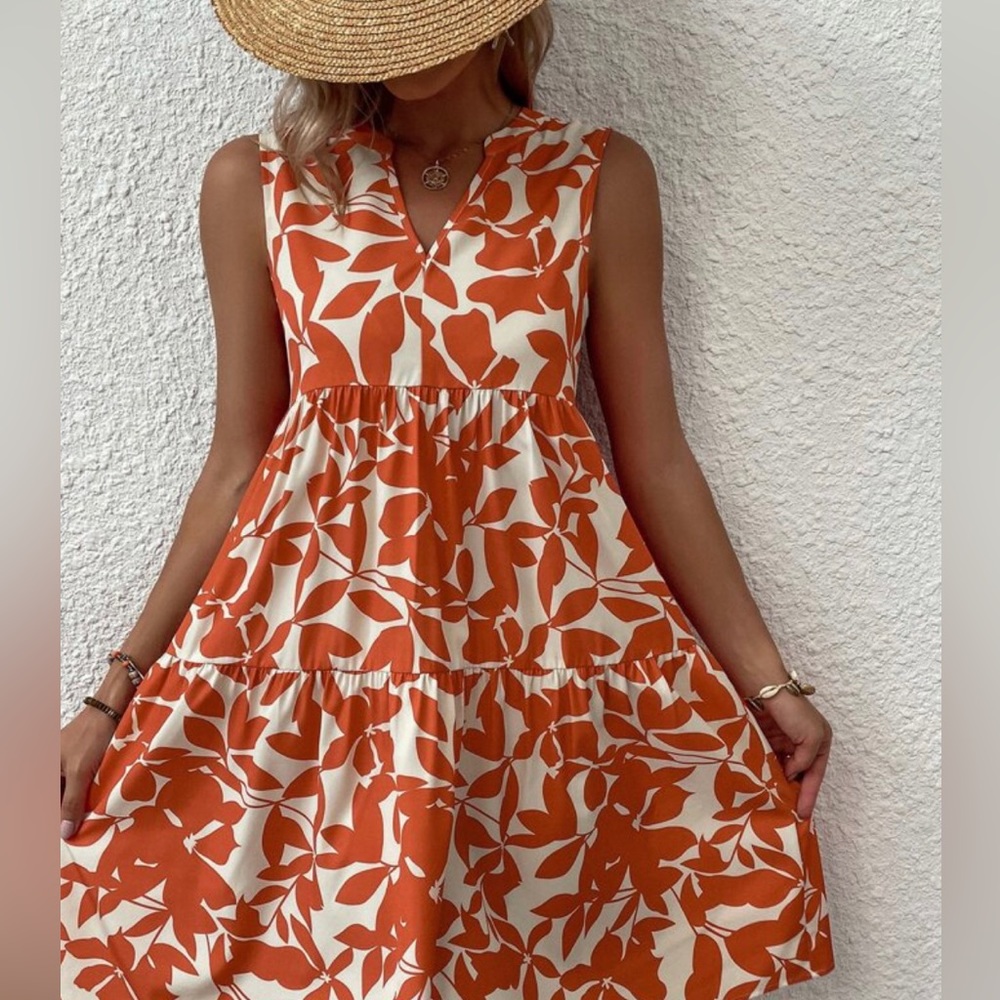 Allover Plant Print Notch Neck Ruffle Hem Dress